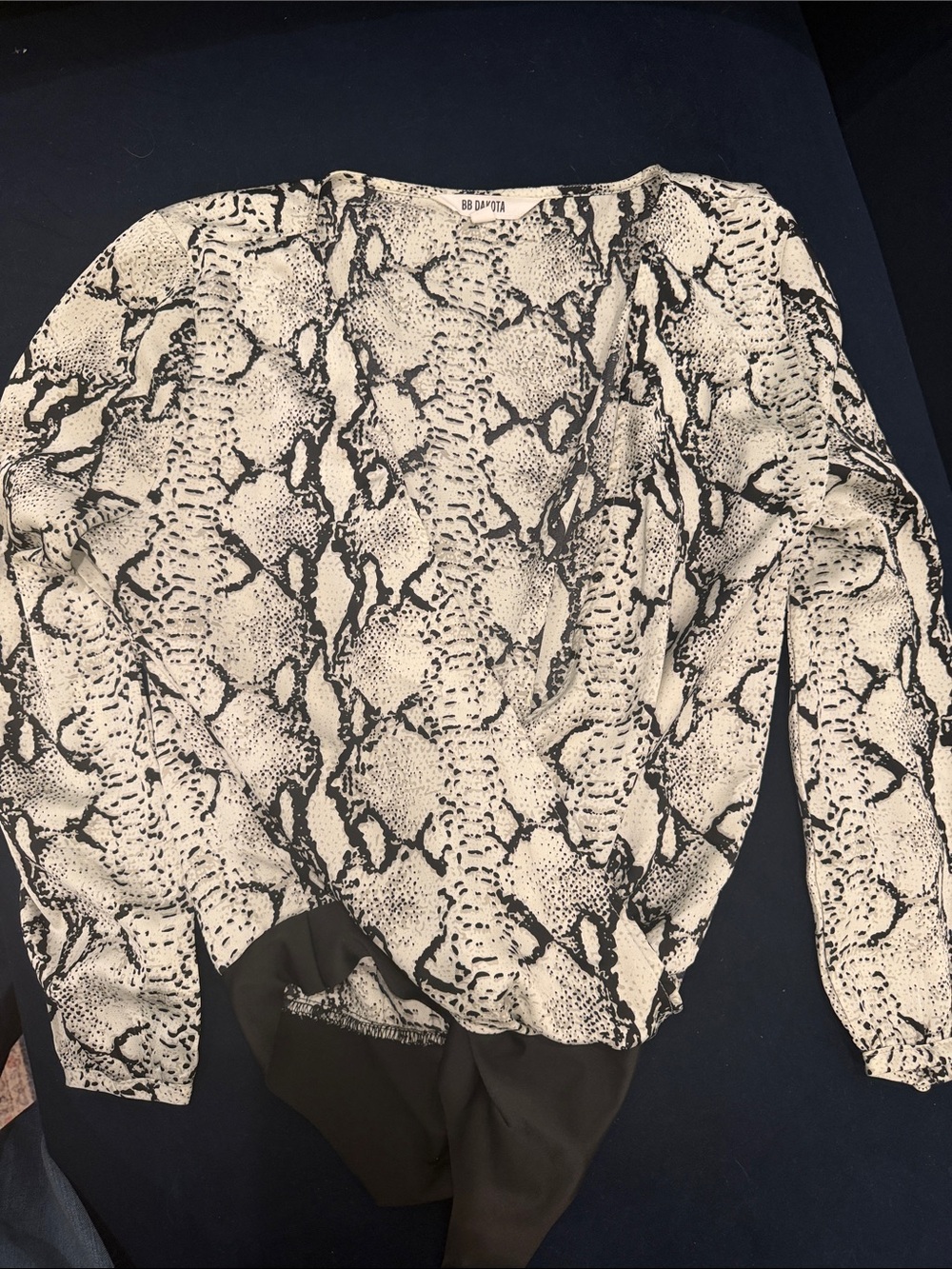 BB Dakota Black and White Snake-Print Deep V - Body Suit Blouse